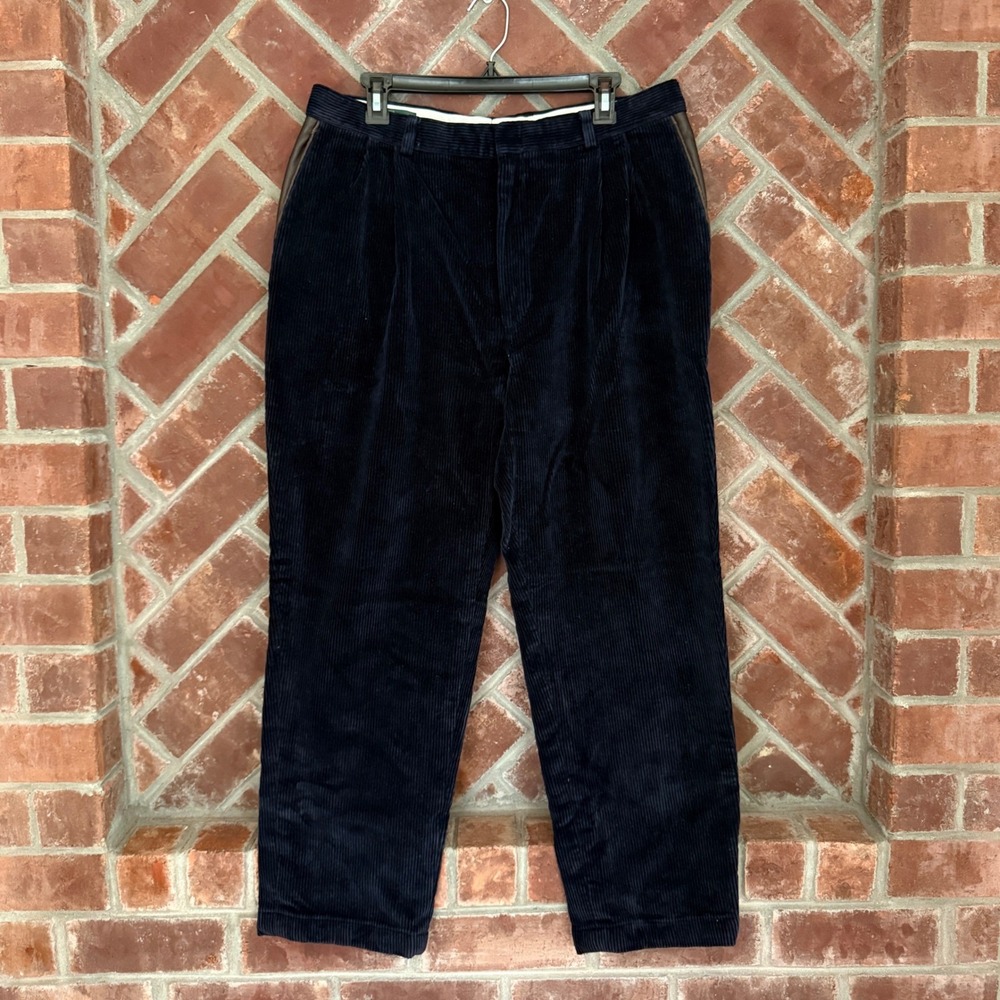 Vtg Orvis Corduroy Pants Mens 36 Navy Blue Pleated Leather Trim Made in USA